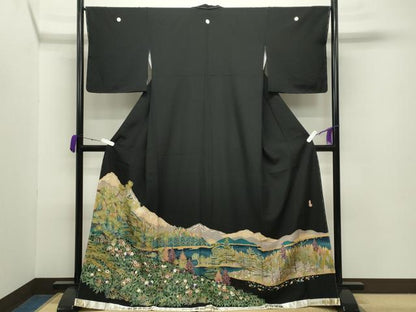 平和屋着物●豪華黒留袖 友禅 作家物 遠山風景文 正絹 逸品 未使用 CABA9983gh