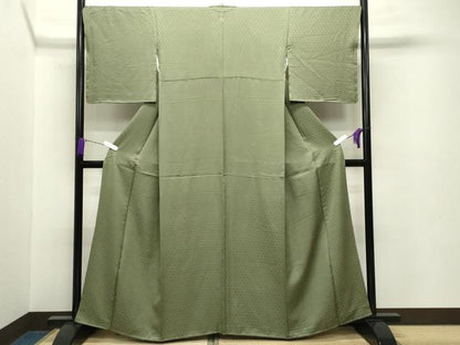 平和屋着物●上質な色無地　籠目地紋　草色　正絹　逸品　CABA9984gh