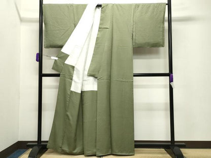 平和屋着物●上質な色無地　籠目地紋　草色　正絹　逸品　CABA9984gh