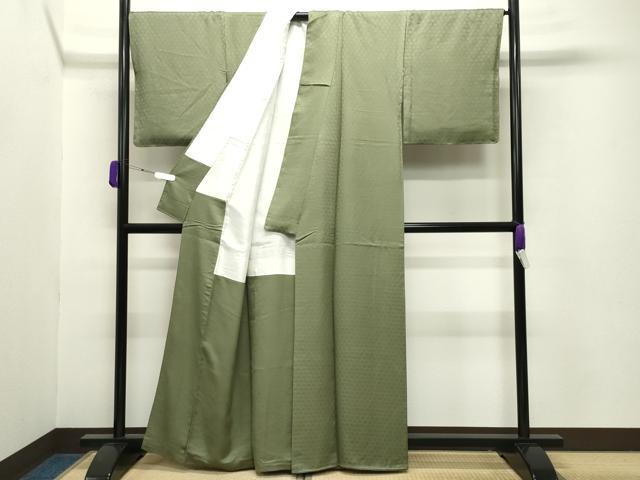 平和屋着物●上質な色無地　籠目地紋　草色　正絹　逸品　CABA9984gh