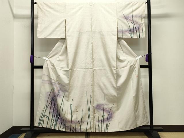 平和屋着物●訪問着 本場大島紬 白大島 作家物 手描き 流水草木文 暈し染め 正絹 逸品 CABB0020gh