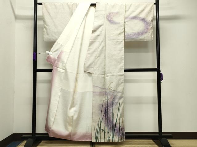 平和屋着物●訪問着 本場大島紬 白大島 作家物 手描き 流水草木文 暈し染め 正絹 逸品 CABB0020gh