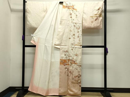 平和屋着物●訪問着　枝垂れ桜舞蝶文　暈し染め　金彩　正絹　逸品　CABB0021gh