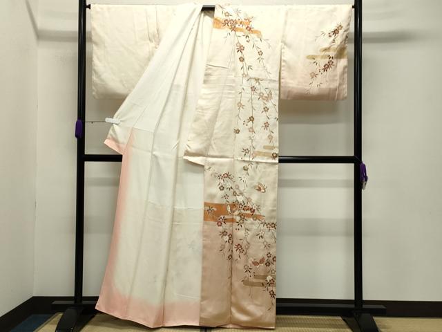 平和屋着物●訪問着　枝垂れ桜舞蝶文　暈し染め　金彩　正絹　逸品　CABB0021gh