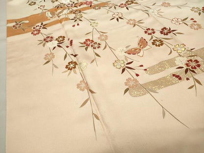 平和屋着物●訪問着　枝垂れ桜舞蝶文　暈し染め　金彩　正絹　逸品　CABB0021gh