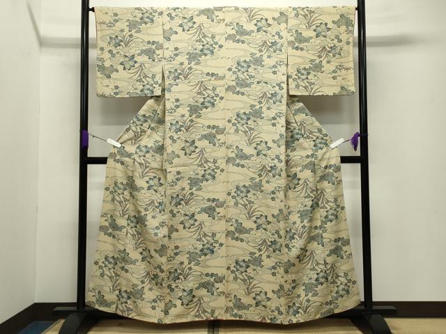 平和屋着物●上質な小紋　藍　型染め　流水花文　正絹　逸品　CABB0043gh 平和屋着物○上質な小紋 藍 型染め 流水花文 正絹 逸品 CABB0043gh