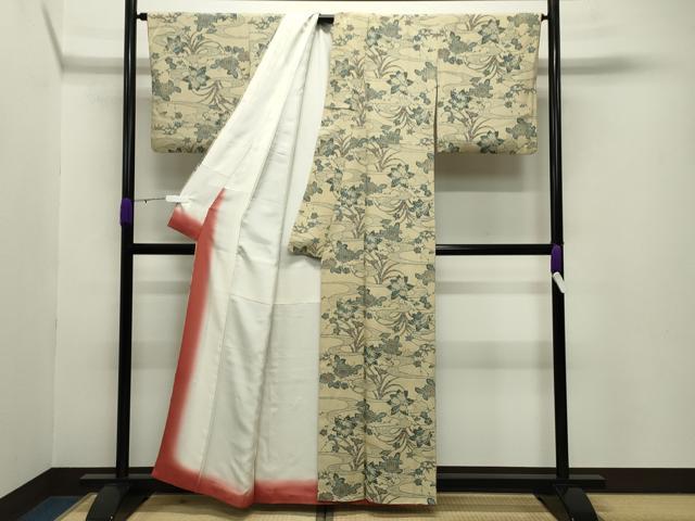 平和屋着物○上質な小紋 藍 型染め 流水花文 正絹 逸品 CABB0043gh