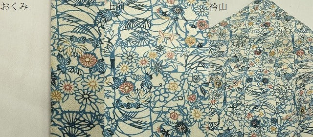 平和屋着物●上質な小紋　藍　型染め　笹竹花文　鬼しぼ縮緬　正絹　逸品　CABB0045gh