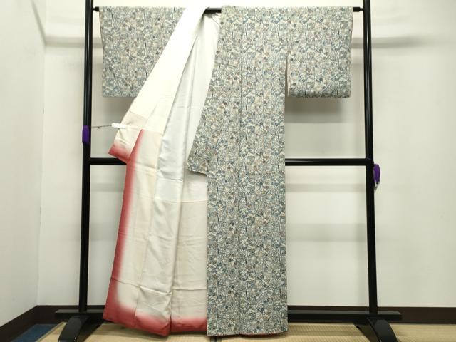 平和屋着物●上質な小紋　藍　型染め　笹竹花文　鬼しぼ縮緬　正絹　逸品　CABB0045gh