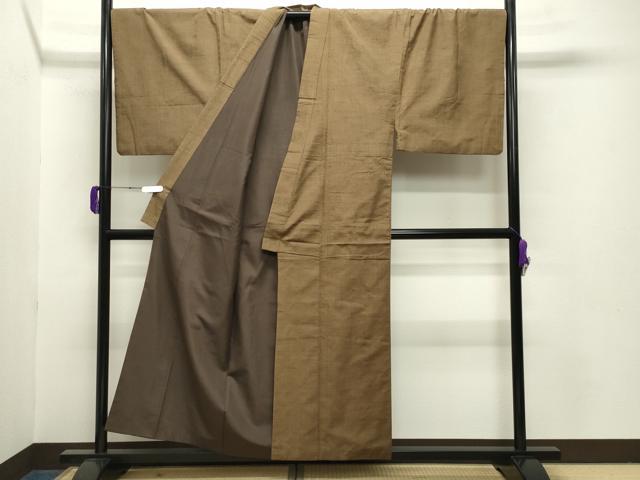 平和屋着物○男性 紬 アンサンブル 路考茶色 キングサイズ 正絹 逸品