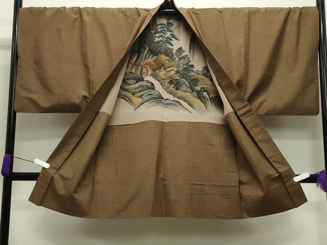 平和屋着物●男性　紬　アンサンブル　路考茶色　キングサイズ　正絹　逸品　CABB0054gh 平和屋着物○男性 紬 アンサンブル 路考茶色 キングサイズ 正絹 逸品