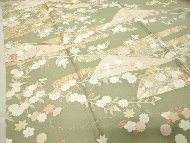 平和屋着物●訪問着 駒刺繍 扇面花文 金彩 正絹 逸品 CABB0068gh