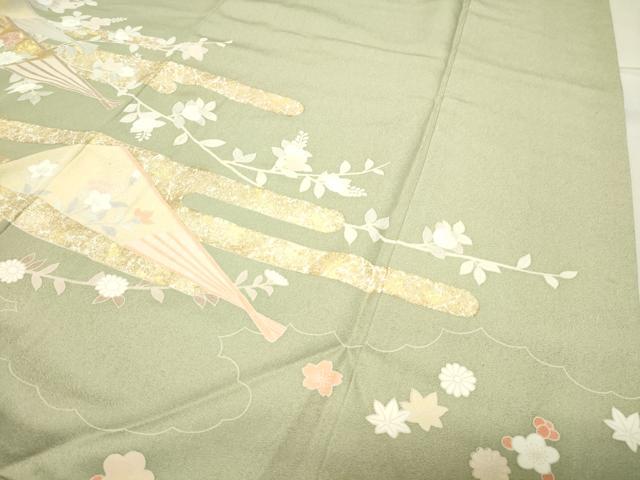平和屋着物●訪問着 駒刺繍 扇面花文 金彩 正絹 逸品 CABB0068gh