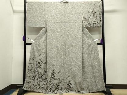 平和屋着物●訪問着 作家物 草花文 たたき染め 黒地 金彩 正絹 逸品 CABB0069gh