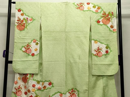 平和屋着物●豪華振袖 総絞り 駒刺繍 花籠文 正絹 逸品 CABB0074gh