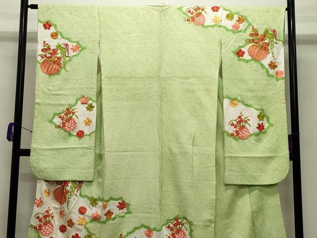 平和屋着物●豪華振袖 総絞り 駒刺繍 花籠文 正絹 逸品 CABB0074gh