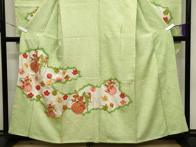 平和屋着物●豪華振袖 総絞り 駒刺繍 花籠文 正絹 逸品 CABB0074gh
