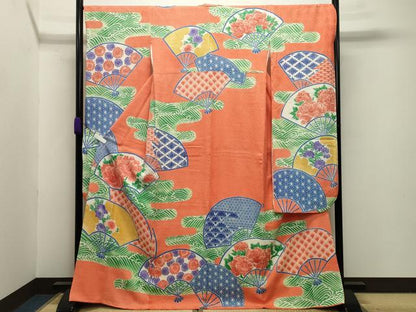 平和屋着物●名門 藤娘きぬたや・総絞り 振袖 エ霞扇面花文 正絹 逸品 CABB0075gh