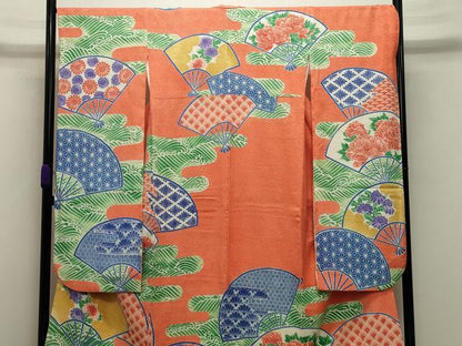 平和屋着物●名門 藤娘きぬたや・総絞り 振袖 エ霞扇面花文 正絹 逸品 CABB0075gh