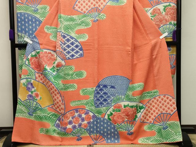平和屋着物●名門 藤娘きぬたや・総絞り 振袖 エ霞扇面花文 正絹 逸品 CABB0075gh