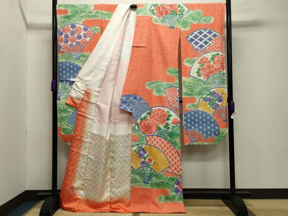 平和屋着物●名門 藤娘きぬたや・総絞り 振袖 エ霞扇面花文 正絹 逸品 CABB0075gh