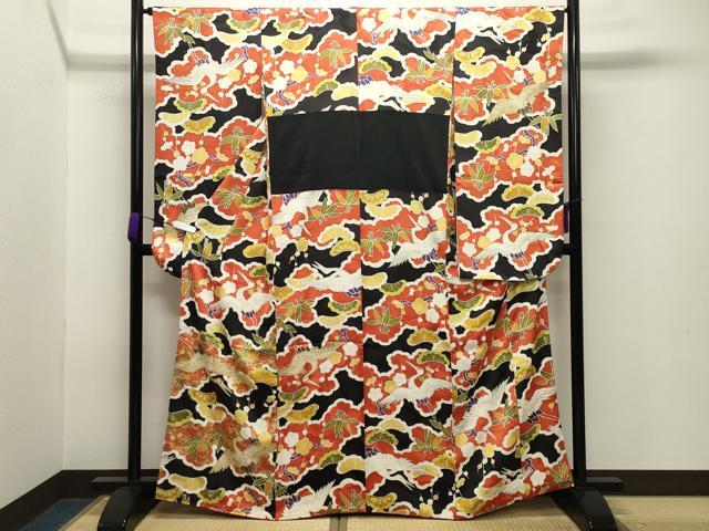 平和屋着物●豪華振袖 飛鶴松竹梅文 黒地 金彩 正絹 逸品 CABB0076gh