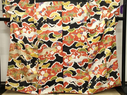 平和屋着物●豪華振袖 飛鶴松竹梅文 黒地 金彩 正絹 逸品 CABB0076gh