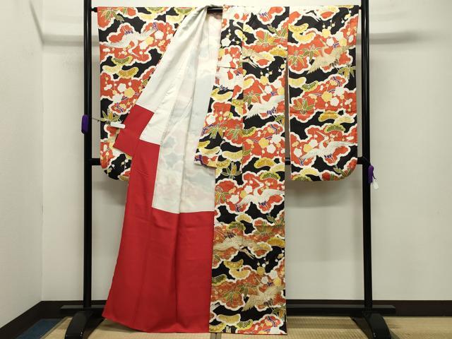 平和屋着物●豪華振袖 飛鶴松竹梅文 黒地 金彩 正絹 逸品 CABB0076gh