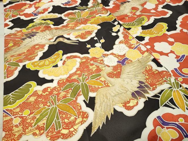 平和屋着物●豪華振袖 飛鶴松竹梅文 黒地 金彩 正絹 逸品 CABB0076gh