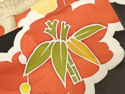 平和屋着物●豪華振袖 飛鶴松竹梅文 黒地 金彩 正絹 逸品 CABB0076gh