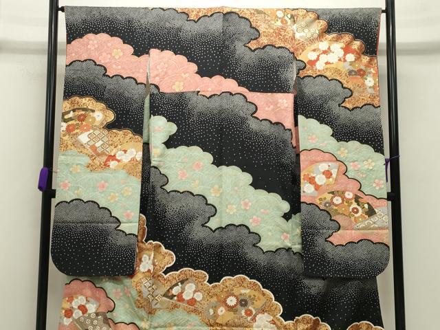 平和屋着物●豪華振袖 駒刺繍 雲重ね扇面花文 黒地 金彩 正絹 逸品 CABB0082gh
