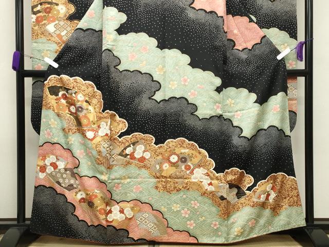 平和屋着物●豪華振袖 駒刺繍 雲重ね扇面花文 黒地 金彩 正絹 逸品 CABB0082gh