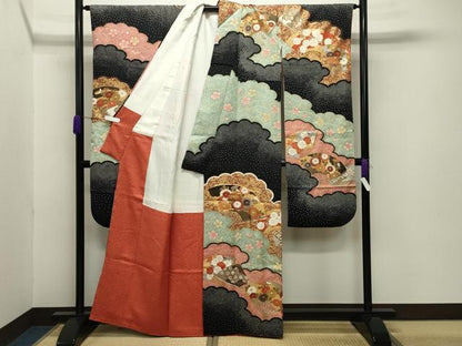 平和屋着物●豪華振袖 駒刺繍 雲重ね扇面花文 黒地 金彩 正絹 逸品 CABB0082gh