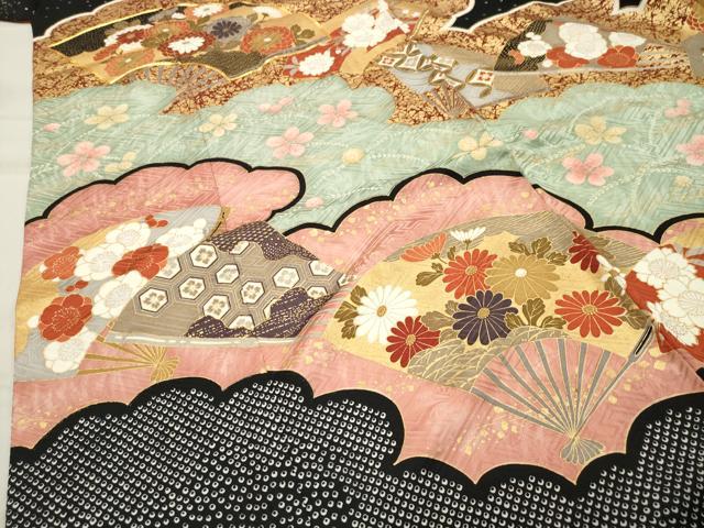 平和屋着物●豪華振袖 駒刺繍 雲重ね扇面花文 黒地 金彩 正絹 逸品 CABB0082gh