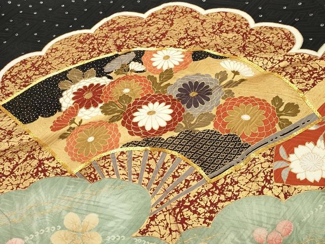 平和屋着物●豪華振袖 駒刺繍 雲重ね扇面花文 黒地 金彩 正絹 逸品 CABB0082gh