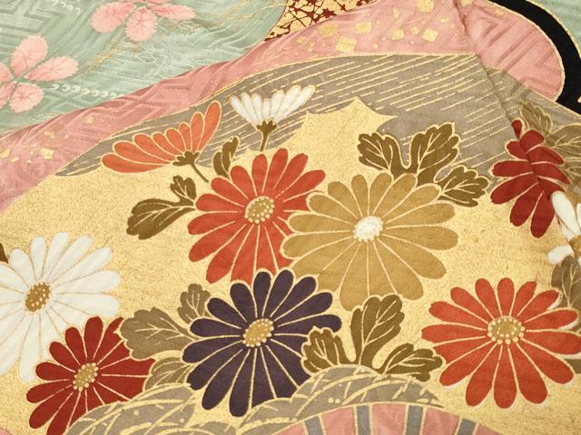 平和屋着物●豪華振袖 駒刺繍 雲重ね扇面花文 黒地 金彩 正絹 逸品 CABB0082gh