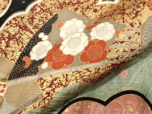 平和屋着物●豪華振袖 駒刺繍 雲重ね扇面花文 黒地 金彩 正絹 逸品 CABB0082gh