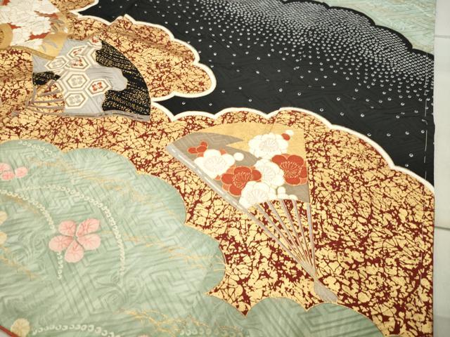 平和屋着物●豪華振袖 駒刺繍 雲重ね扇面花文 黒地 金彩 正絹 逸品 CABB0082gh