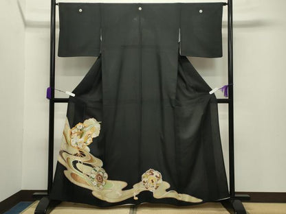 平和屋着物＊夏物 黒留袖 絽 駒刺繍 鳳凰鏡裏花文 金彩 正絹 逸品 CABB0125gh