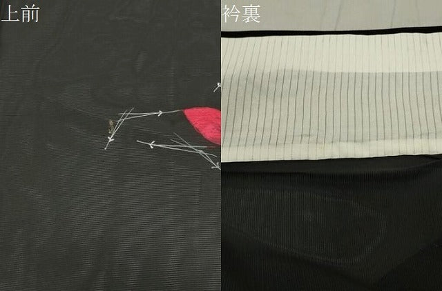平和屋着物＊夏物 小紋 絽 溢れ松葉舞葉文 黒地 正絹 逸品 CABB0149gh