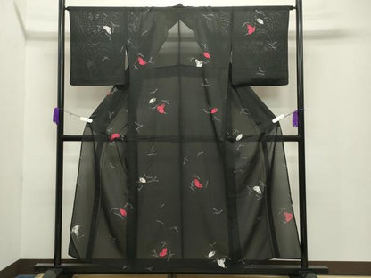 平和屋着物＊夏物 小紋 絽 溢れ松葉舞葉文 黒地 正絹 逸品 CABB0149gh