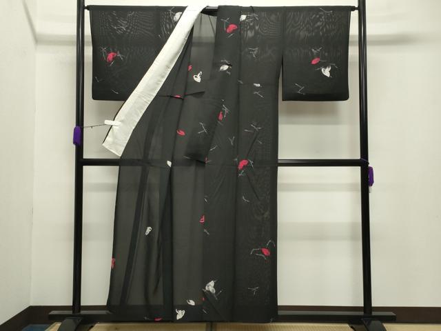 平和屋着物＊夏物 小紋 絽 溢れ松葉舞葉文 黒地 正絹 逸品 CABB0149gh