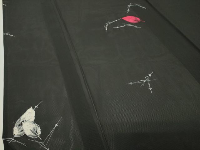 平和屋着物＊夏物 小紋 絽 溢れ松葉舞葉文 黒地 正絹 逸品 CABB0149gh