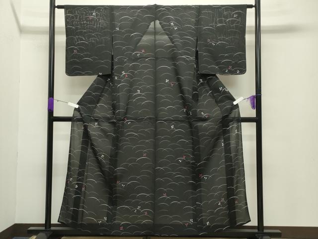 平和屋着物＊夏物　小紋　絽　芝草萩文　黒地　正絹　逸品　未使用　CABB0155gh 平和屋着物＊夏物 小紋 絽 芝草萩文 黒地 正絹 逸品 未使用 CABB0155gh