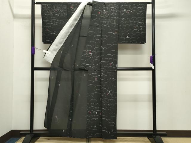 平和屋着物＊夏物　小紋　絽　芝草萩文　黒地　正絹　逸品　未使用　CABB0155gh 平和屋着物＊夏物 小紋 絽 芝草萩文 黒地 正絹 逸品 未使用 CABB0155gh
