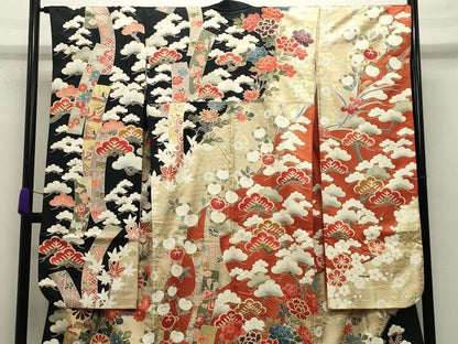 平和屋着物●豪華振袖 駒刺繍 鳳凰短冊宝尽くし花文 黒地 金彩 正絹 逸品 CABB0171gh