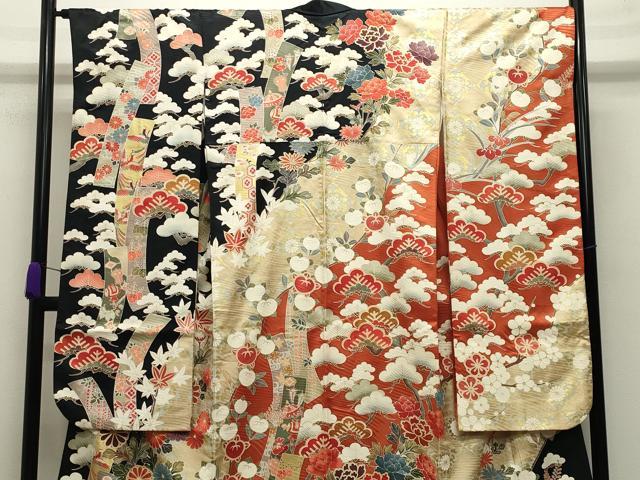 平和屋着物●豪華振袖 駒刺繍 鳳凰短冊宝尽くし花文 黒地 金彩 正絹 逸品 CABB0171gh