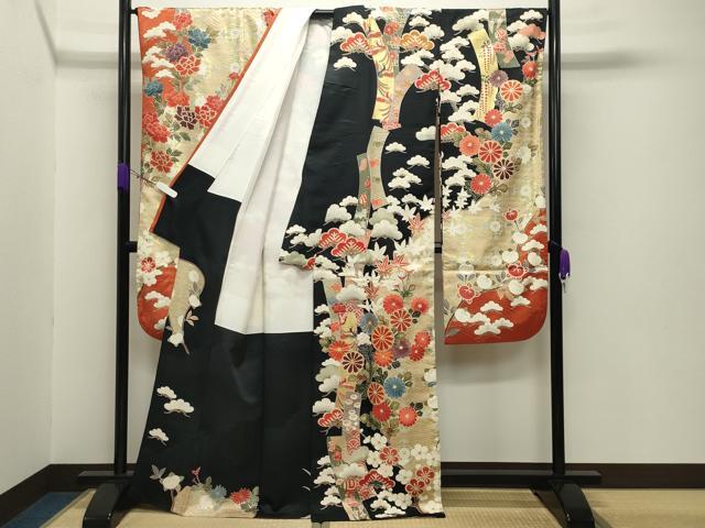 平和屋着物●豪華振袖 駒刺繍 鳳凰短冊宝尽くし花文 黒地 金彩 正絹 逸品 CABB0171gh