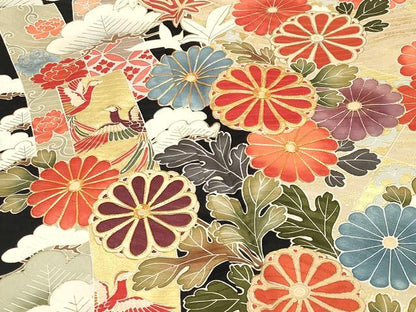平和屋着物●豪華振袖 駒刺繍 鳳凰短冊宝尽くし花文 黒地 金彩 正絹 逸品 CABB0171gh