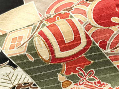 平和屋着物●豪華振袖 駒刺繍 鳳凰短冊宝尽くし花文 黒地 金彩 正絹 逸品 CABB0171gh